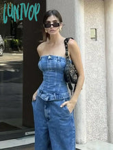 Lunivop Blue Backless Denim Corset Crop Women Off Shoulder Sleeveless Bustier Tops Lady Sexy